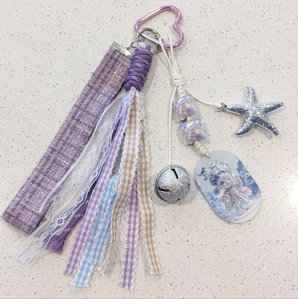 Handmade Skullpanda Starfish Bell Purple Pastel Bag Charm Keychain, New
